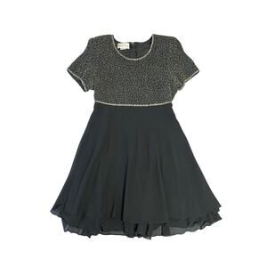 Laurence Kazer 90s Vintage Black Beaded & Sheer Empire Waist Tent Dress Small